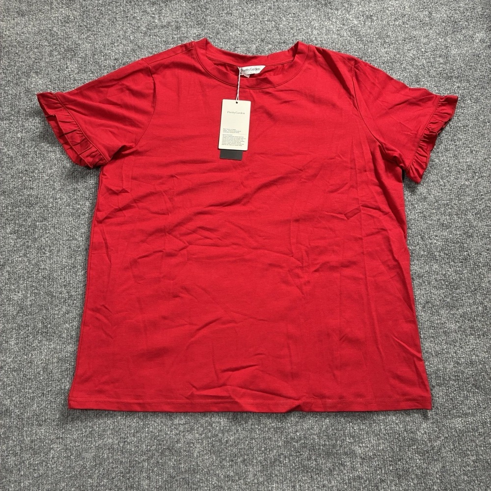 PrettyGarden Red Ruffle Sleeve T-Shirt Crewneck Casual Blouse NWT Size Large